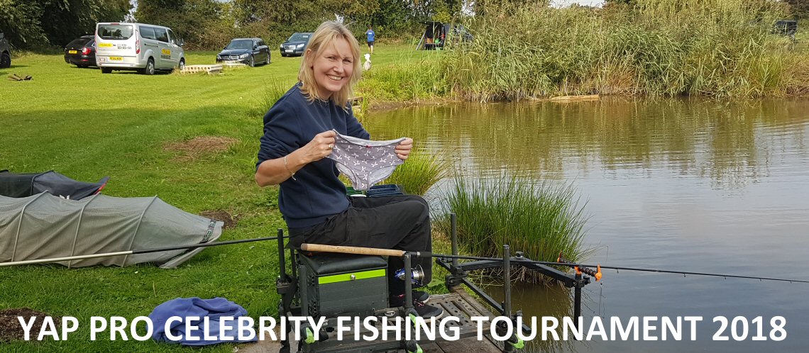 Trian Gulliver with her lucky knickers at the YAP Pro Celebrity Fishing Competition August 2018